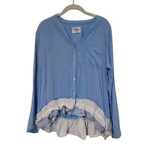 Anthropologie Holding Horses Cotton Blue White Button Down Long Sleeve Blouse-10